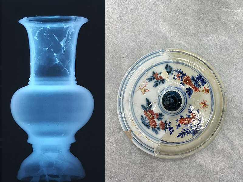 Links eine Röntgenaufnahme er Meissnervase, rechts Abnahme der Übermalung