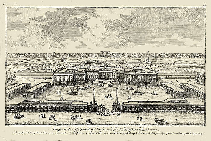 Prospect des Kaiserlichen Jagd- und Lustschlosses Schönbrunn“  Kupferstich nach einer Vorlage von Johann Bernhard Fischer von Erlach