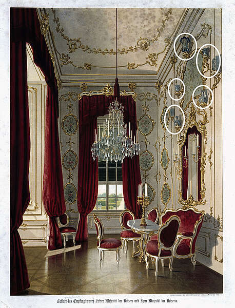 Historischer Einblick in das Frühstückkabinett, Aquarell nach Chromlithografie 