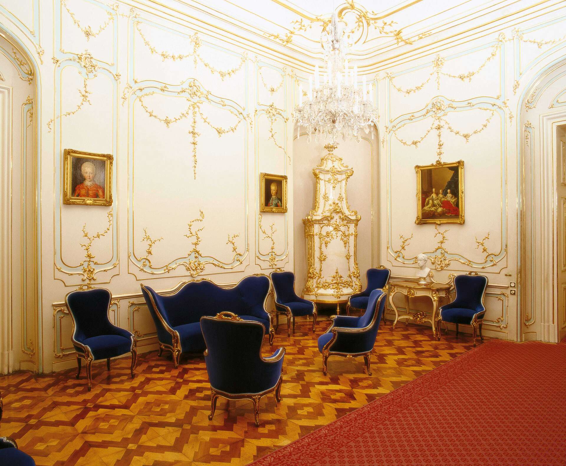 Archduchess Sophie's study with blue suite and fireplace in the corner