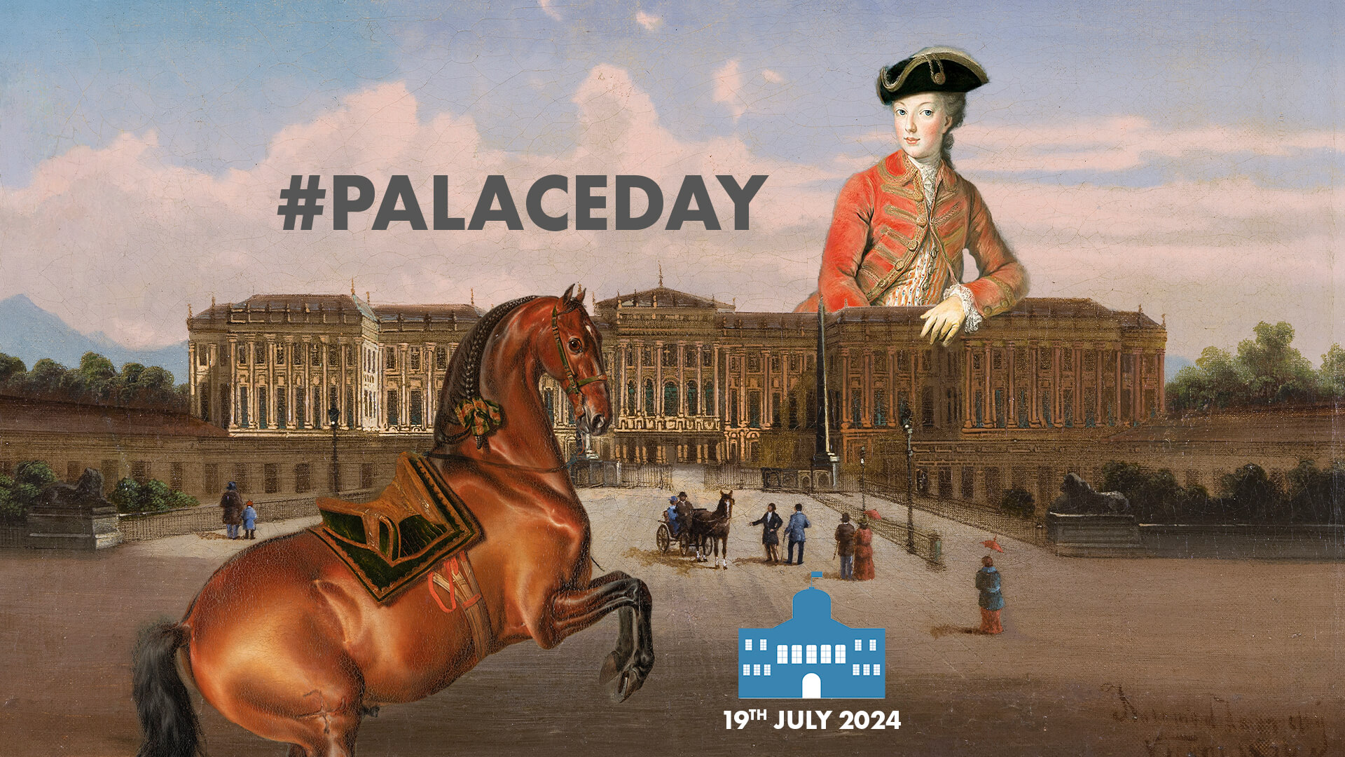 Gemälde von Schloss Schönbrunn mit Pferd im Vordergrund und Maria Antonia, die gegen das Schloss gelehnt ist, neben ihr der Schriftzug #Palaceday
