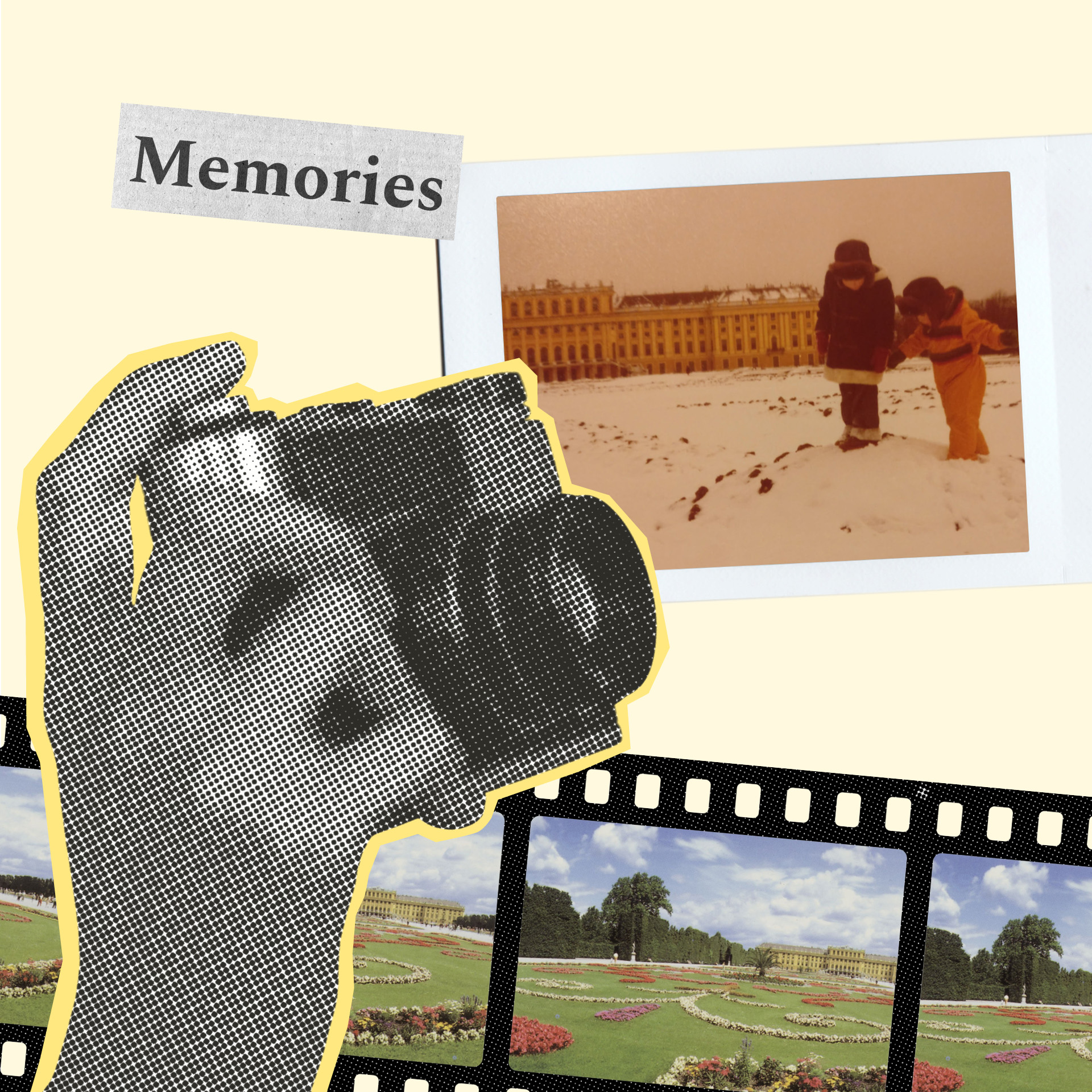 A collage featuring a photo of Schönbrunn from 1996 and a hand holding a camera, with the word “memories” above it, and next to it a photo of two children in the snow in front of Schönbrunn Palace